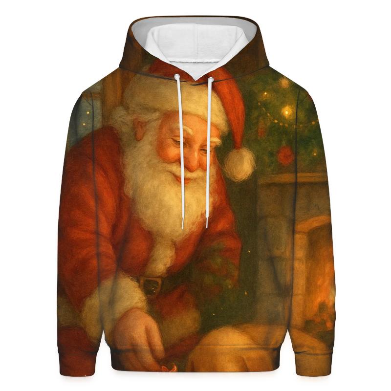 Cozy Storybook Cabin Santa graphic hoodies