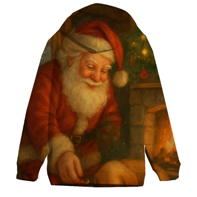 Cozy Storybook Cabin Santa graphic hoodies