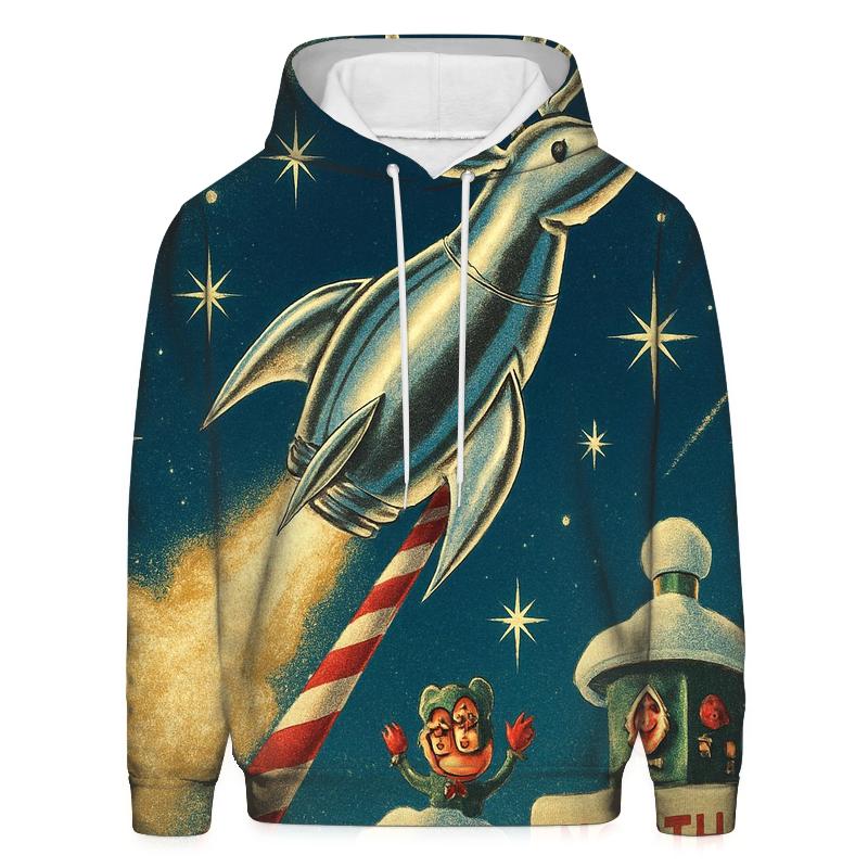 Retro Rocket Reindeer Launch lightweight hoodies