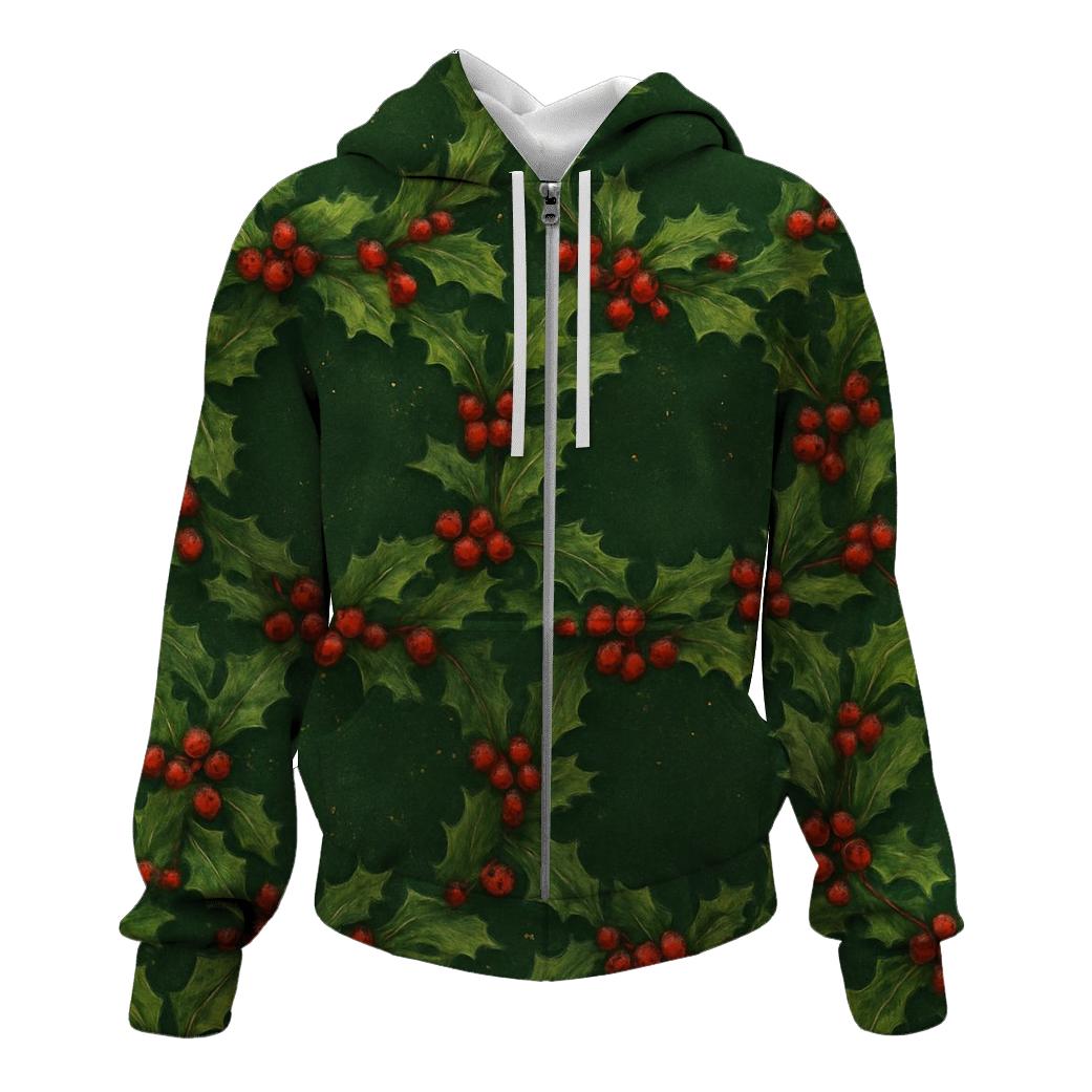 Holly Berry Wreath Chain On Forest Green zip-up hoodies