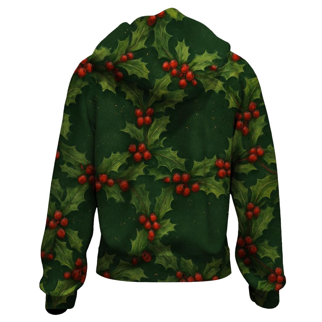 Holly Berry Wreath Chain On Forest Green zip-up hoodies