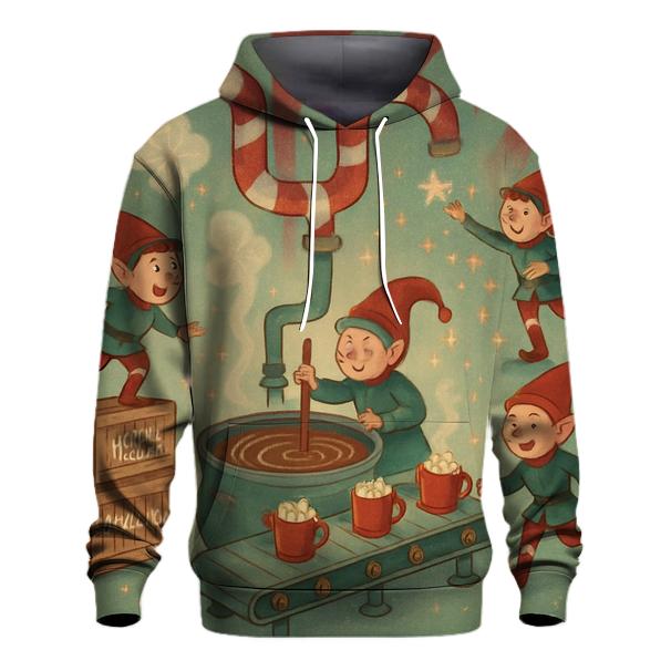 Elves Hot Cocoa Factory Line printed hoodies