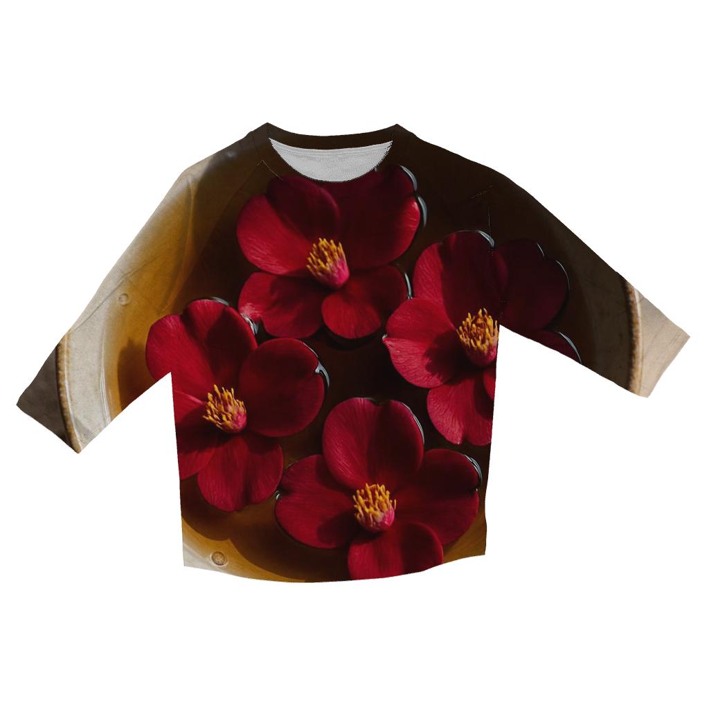 Camellia Petals Floating In A Cold Tea Bowl printed three quarter sleeve shirts