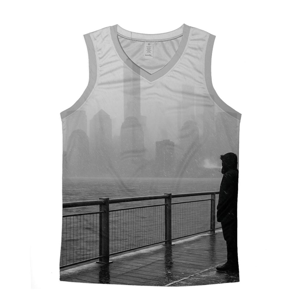 Snow Squall Over The Financial District From Brooklyn Bridge Park Pier graphic print tank tops