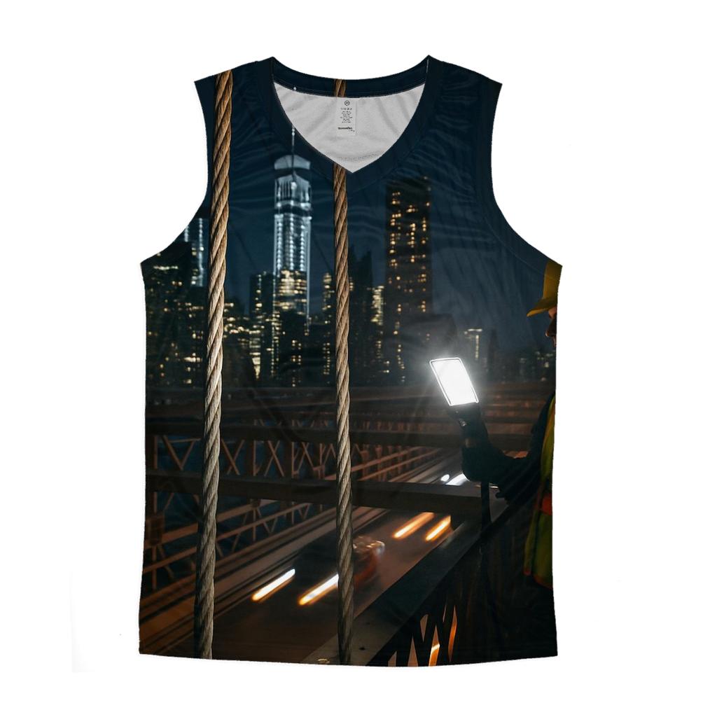 Night Maintenance Lights On The Brooklyn Bridge Cables With Downtown Beyond personalized athletic tanks