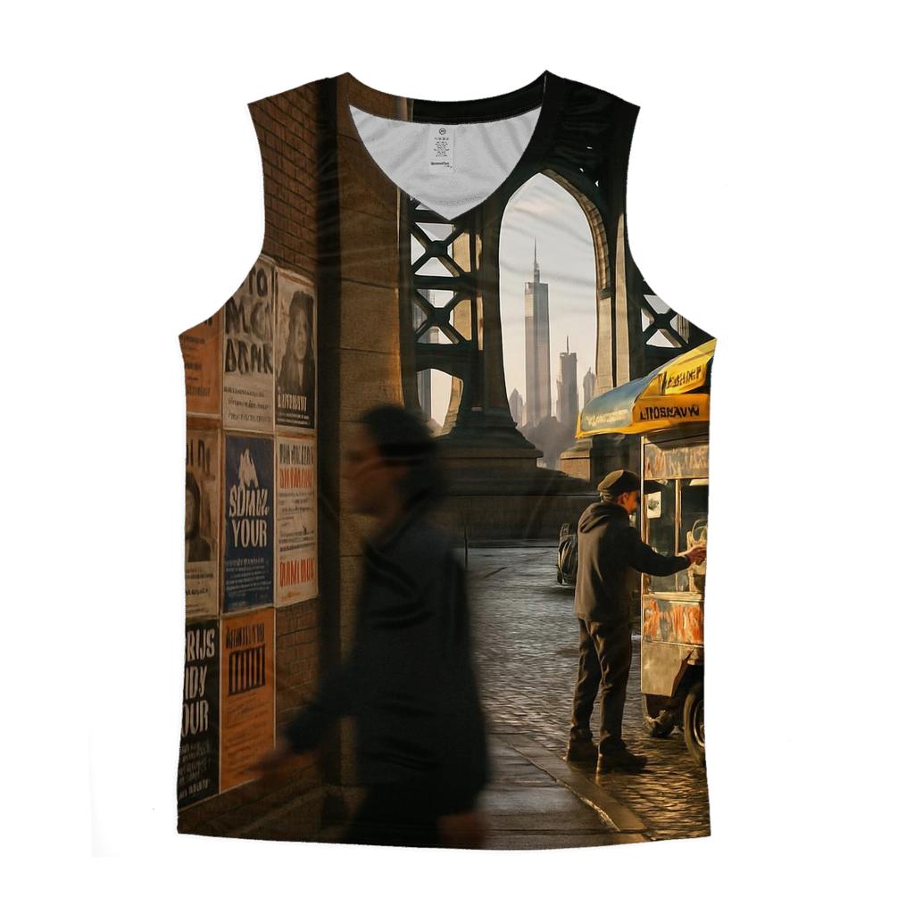 Cultural Mosaic Under The Manhattan Bridge With Distant Skyline Slice graphic print tank tops