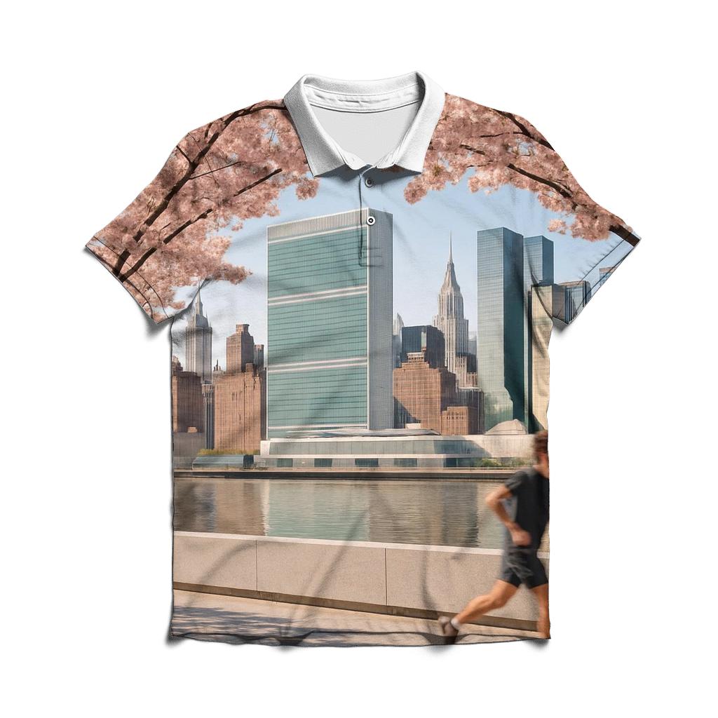 Cherry Blossoms Framing The East River Towers From Roosevelt Island embroidered polo tops