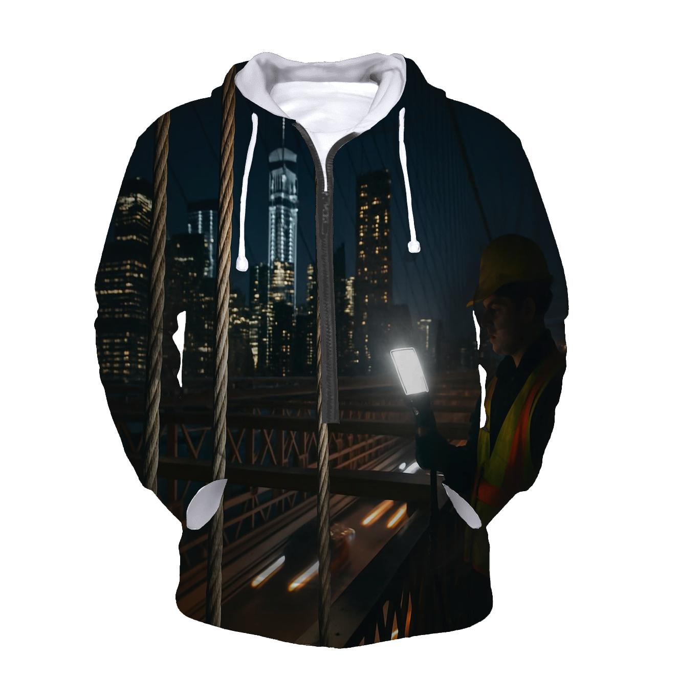 Night Maintenance Lights On The Brooklyn Bridge Cables With Downtown Beyond zip-up hoodies