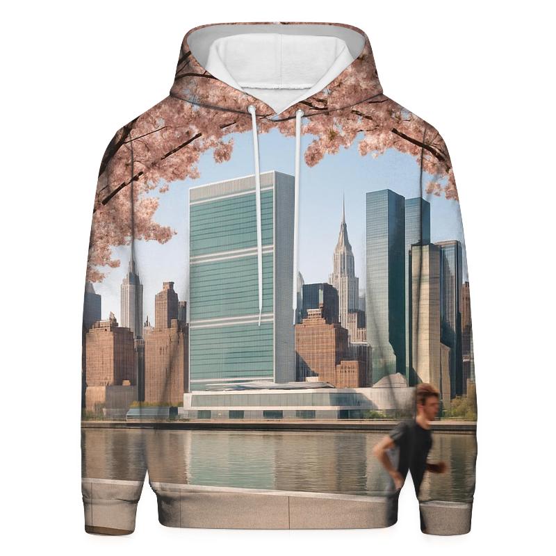 Cherry Blossoms Framing The East River Towers From Roosevelt Island embroidered hoodies
