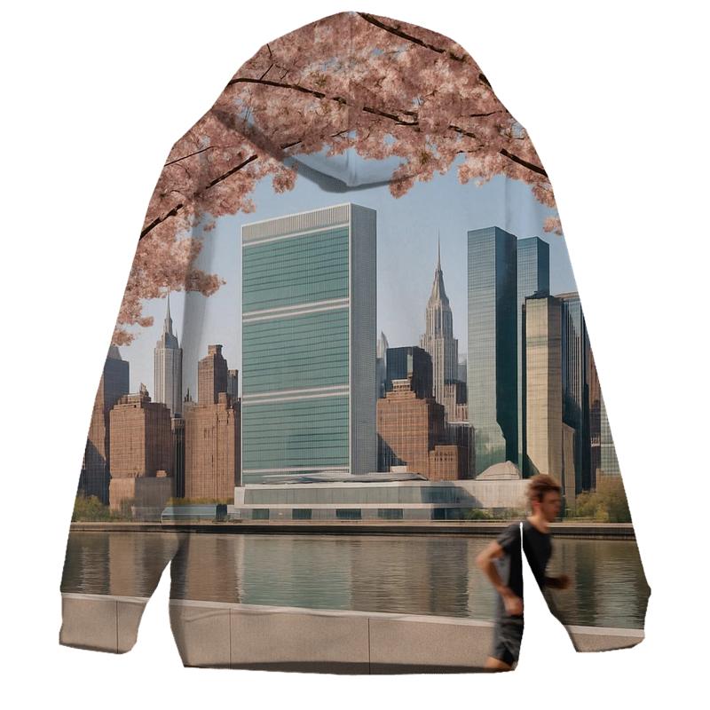 Cherry Blossoms Framing The East River Towers From Roosevelt Island embroidered hoodies