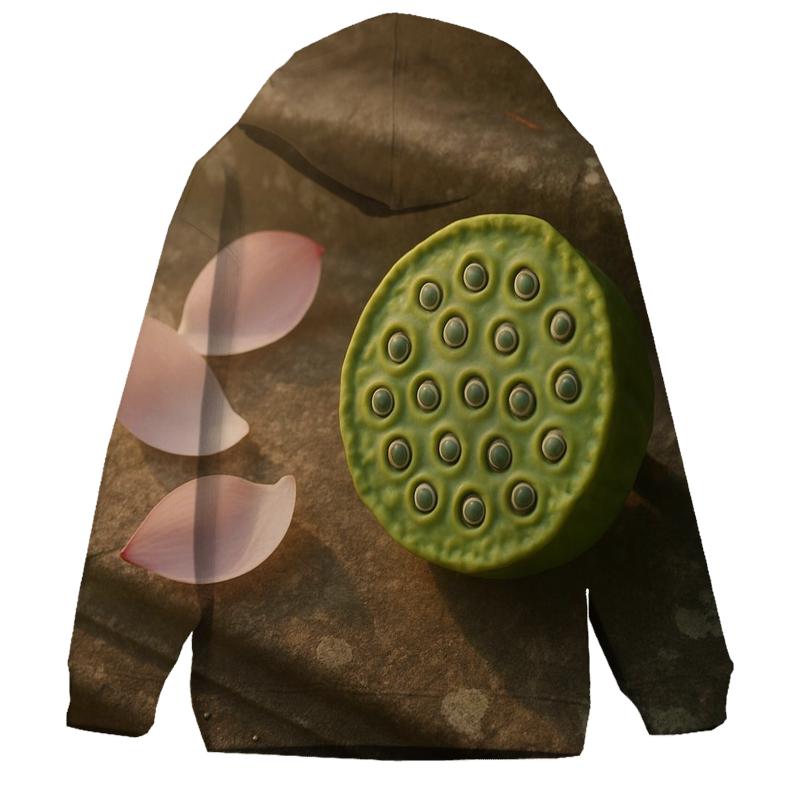 Lotus Seedpod And Fallen Petals On Temple Stone premium hoodies