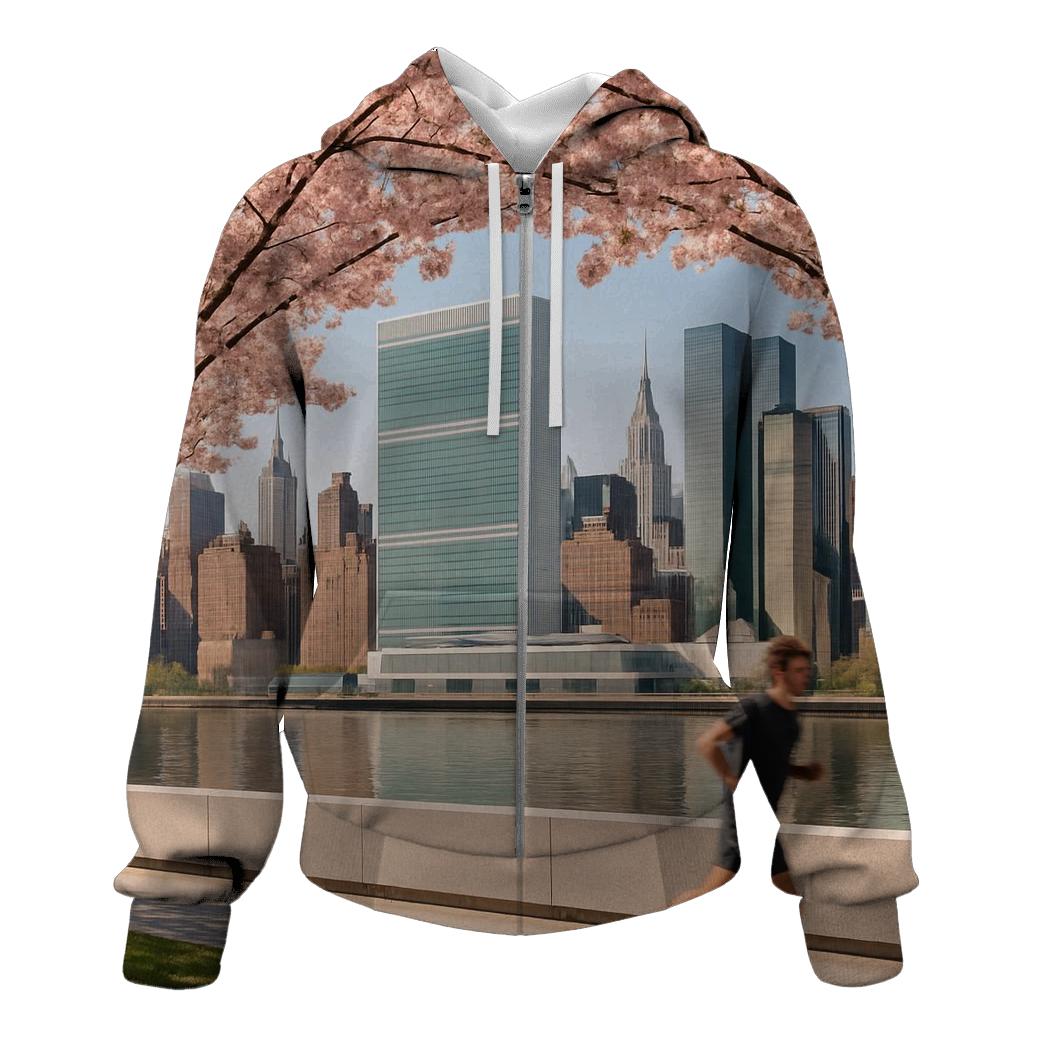 Cherry Blossoms Framing The East River Towers From Roosevelt Island pullover hoodies