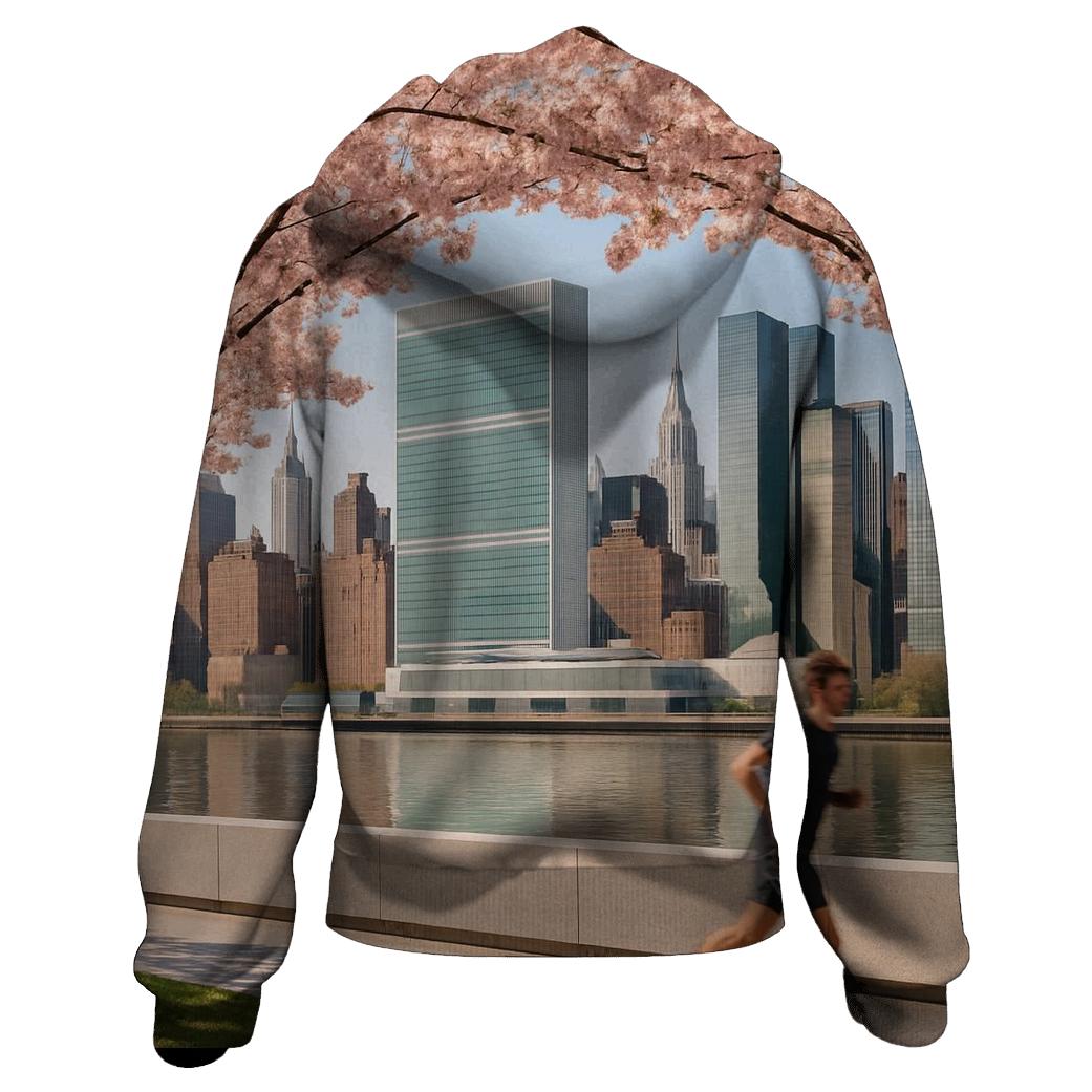 Cherry Blossoms Framing The East River Towers From Roosevelt Island pullover hoodies
