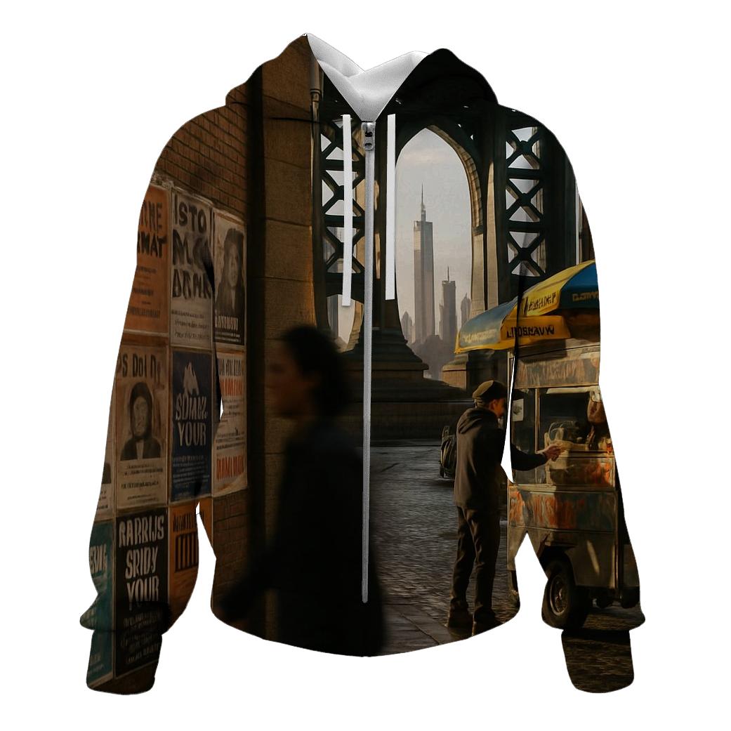 Cultural Mosaic Under The Manhattan Bridge With Distant Skyline Slice printed hoodies