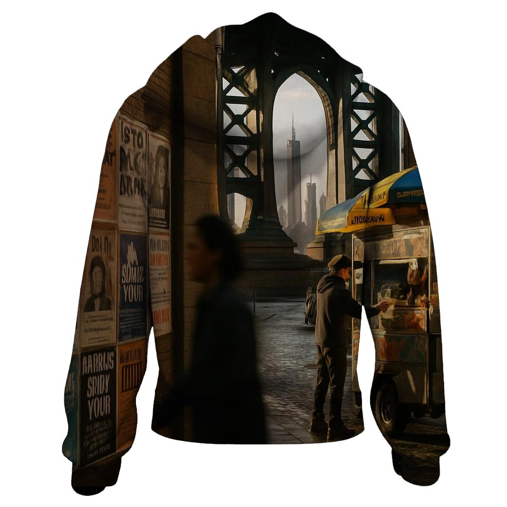 Cultural Mosaic Under The Manhattan Bridge With Distant Skyline Slice printed hoodies