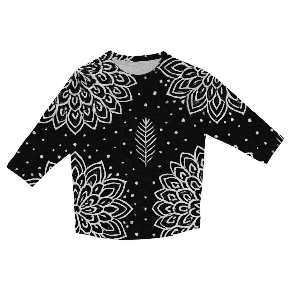 White Snowflake Rosette Medallions On Black Background custom 3/4 sleeve shirts
