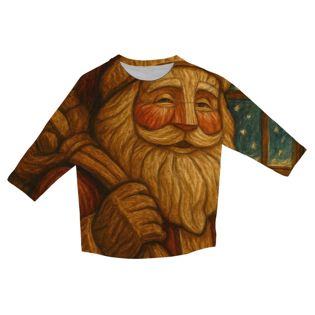 Vintage Wood Carved Santa Under Golden Garland Glow printed three quarter sleeve shirts