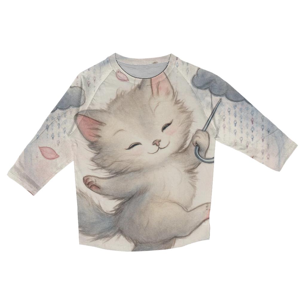 Raincloud Umbrella Kitten Waltz printed three quarter sleeve shirts