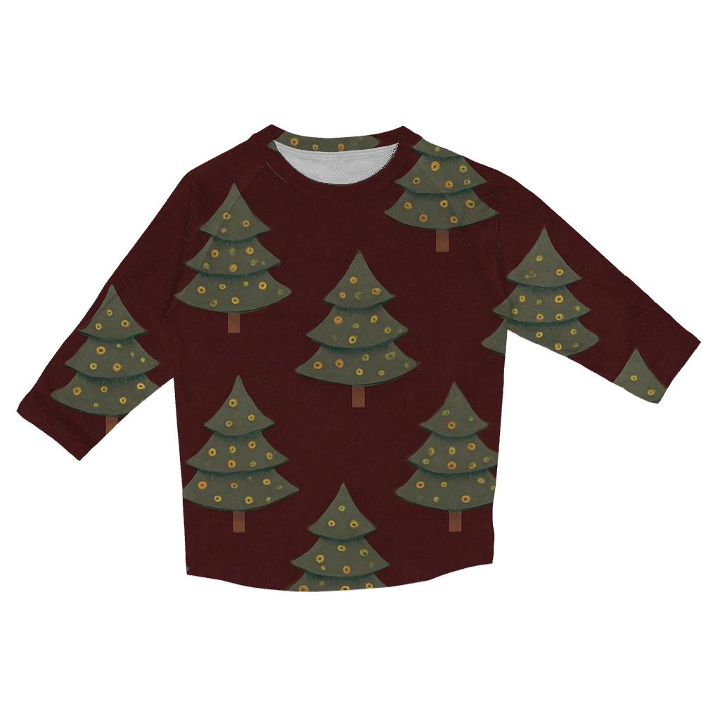 Christmas Tree Spiral Rows On Burgundy Background printed three quarter sleeve shirts