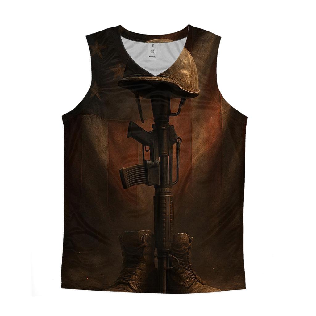 Fallen Rifle Memorial With Rising Flag Smoke personalized athletic tanks