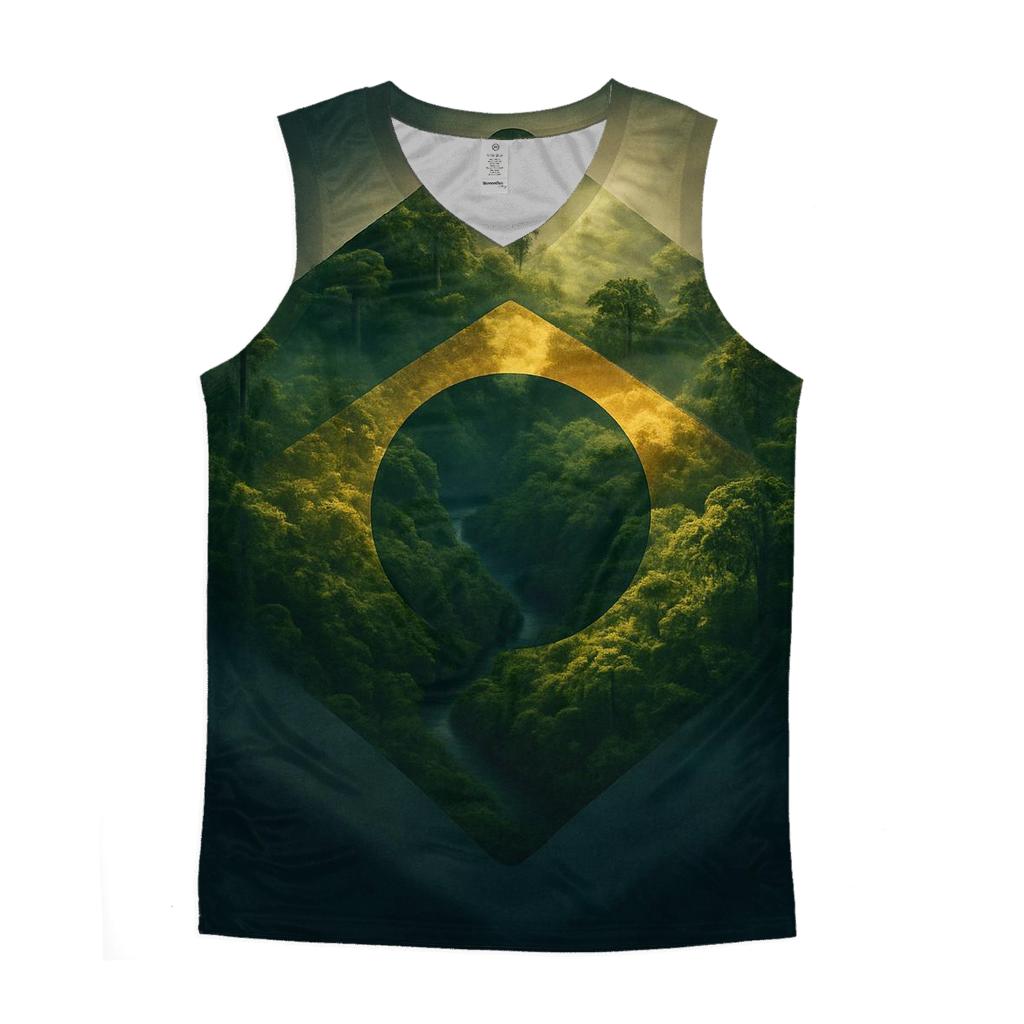 Double Exposure Flag Of Brazil With Rainforest Canopy personalized athletic tanks