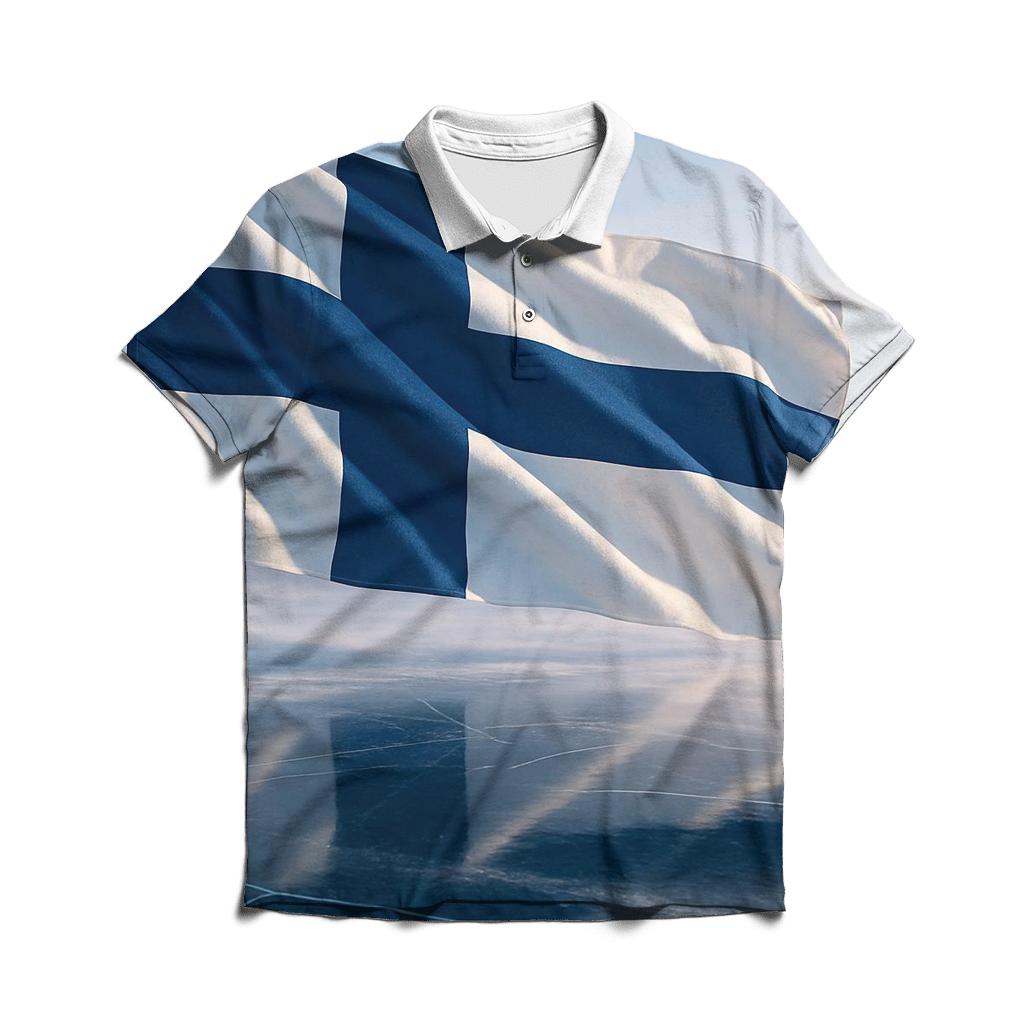 Aurora Fabric Flag Of Finland Over Frozen Lake designer slim fit polos