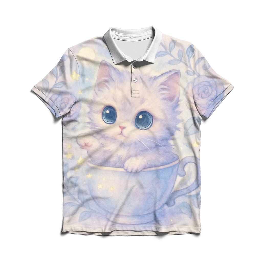 Moonlit Teacup Kitten Garden embroidered polo tops
