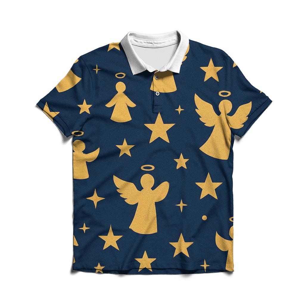 Golden Star And Angel Silhouette Scatter On Navy Background embroidered polo tops