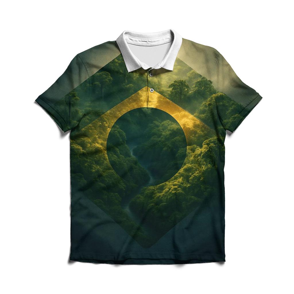 Double Exposure Flag Of Brazil With Rainforest Canopy classic pique polos