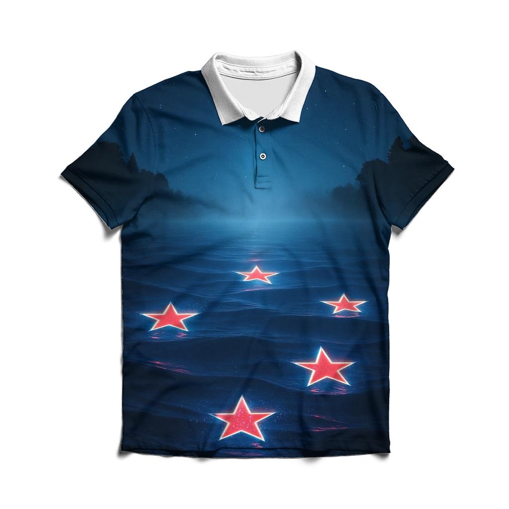 Surreal Flag Of New Zealand As Night Sky Reflection designer slim fit polos