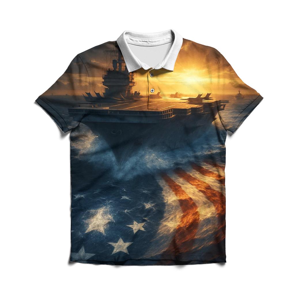 Freedom Torch Over Ocean Carrier Flag Wake branded logo polo shirts