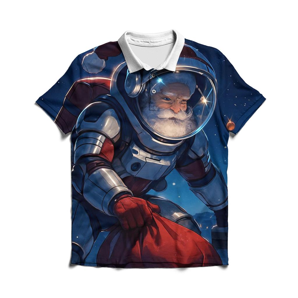 Santa Astronaut Delivering Gifts On A Starry Rooftop personalized polo shirts