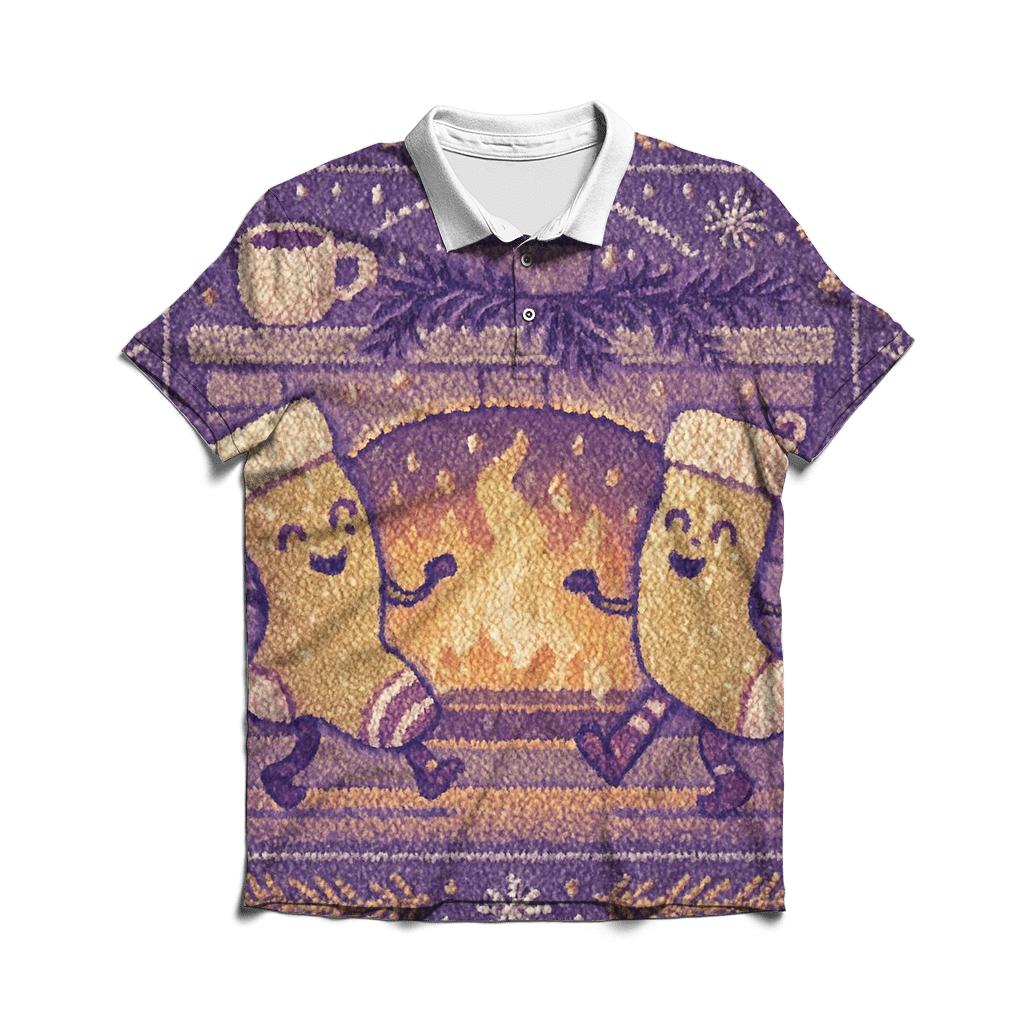 Cozy Knit Fireplace Scene With Dancing Stockings stylish collar polo tees