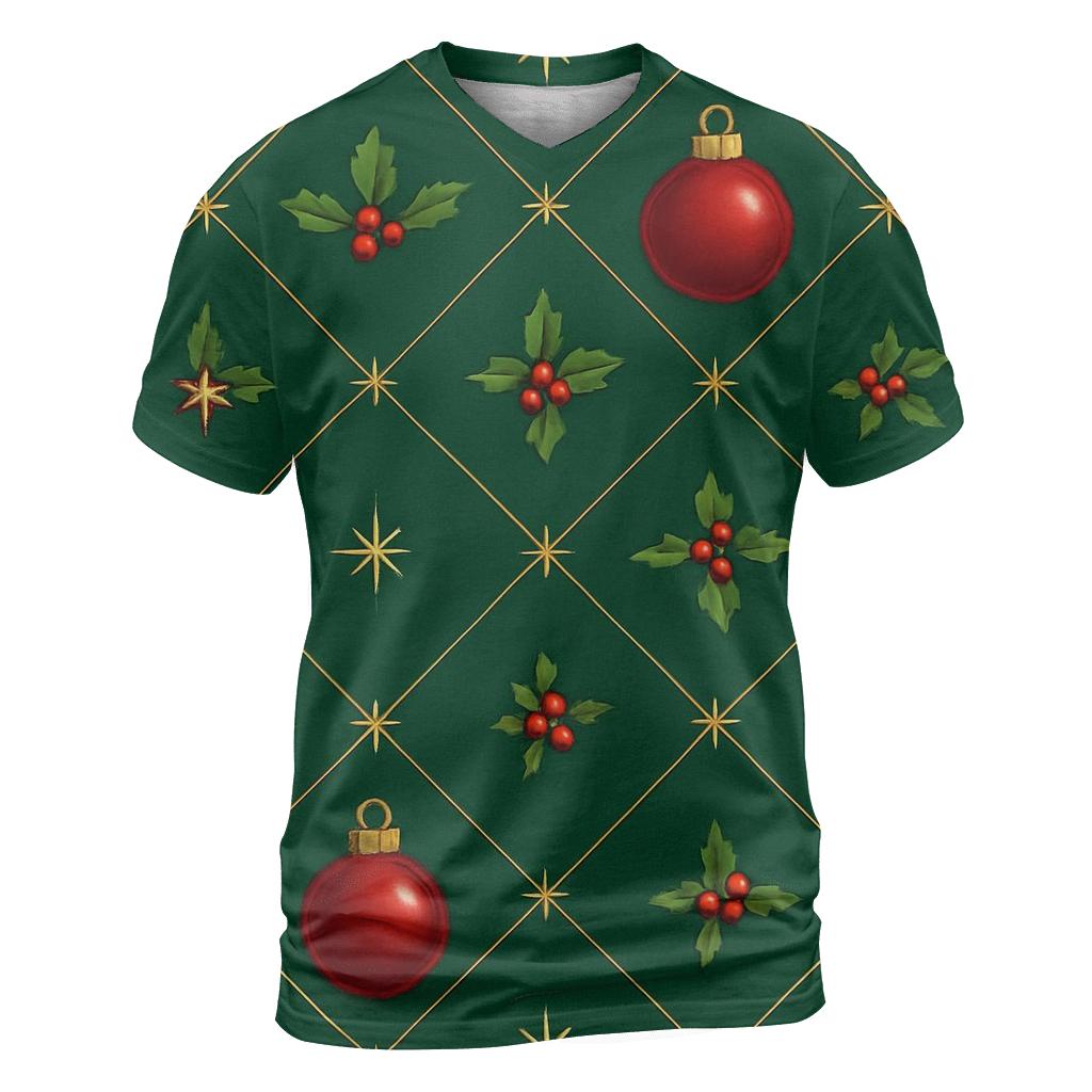 Crimson Ornament Lattice On Deep Pine Background artistic all-over print tops