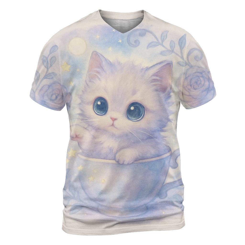 Moonlit Teacup Kitten Garden vibrant all-over design tees