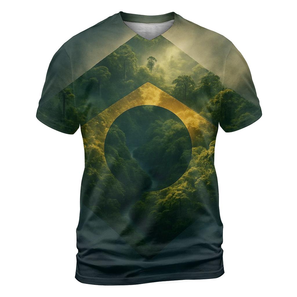 Double Exposure Flag Of Brazil With Rainforest Canopy trendy printed shirt styles