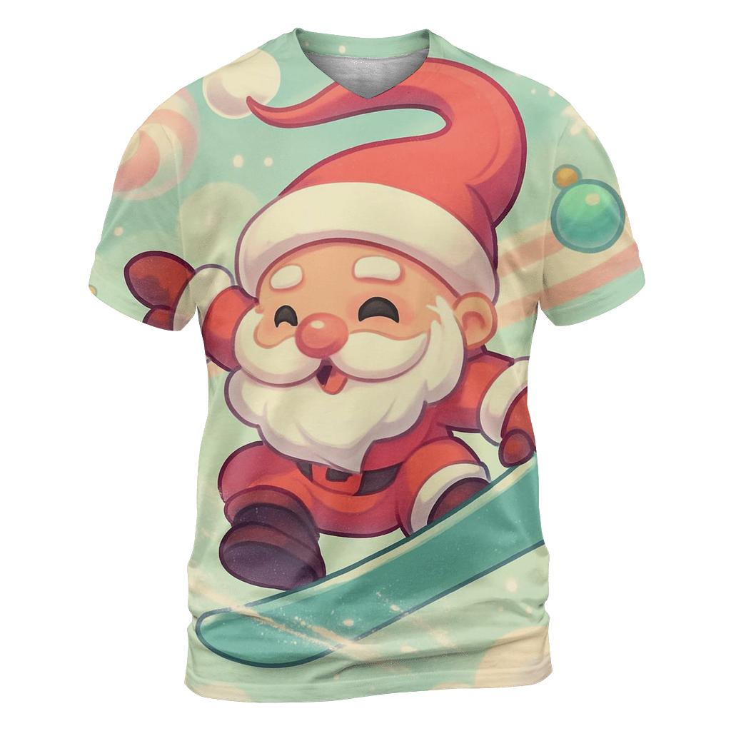 Chibi Santa Snowboard Trick Through Peppermint Clouds artistic all-over print tops