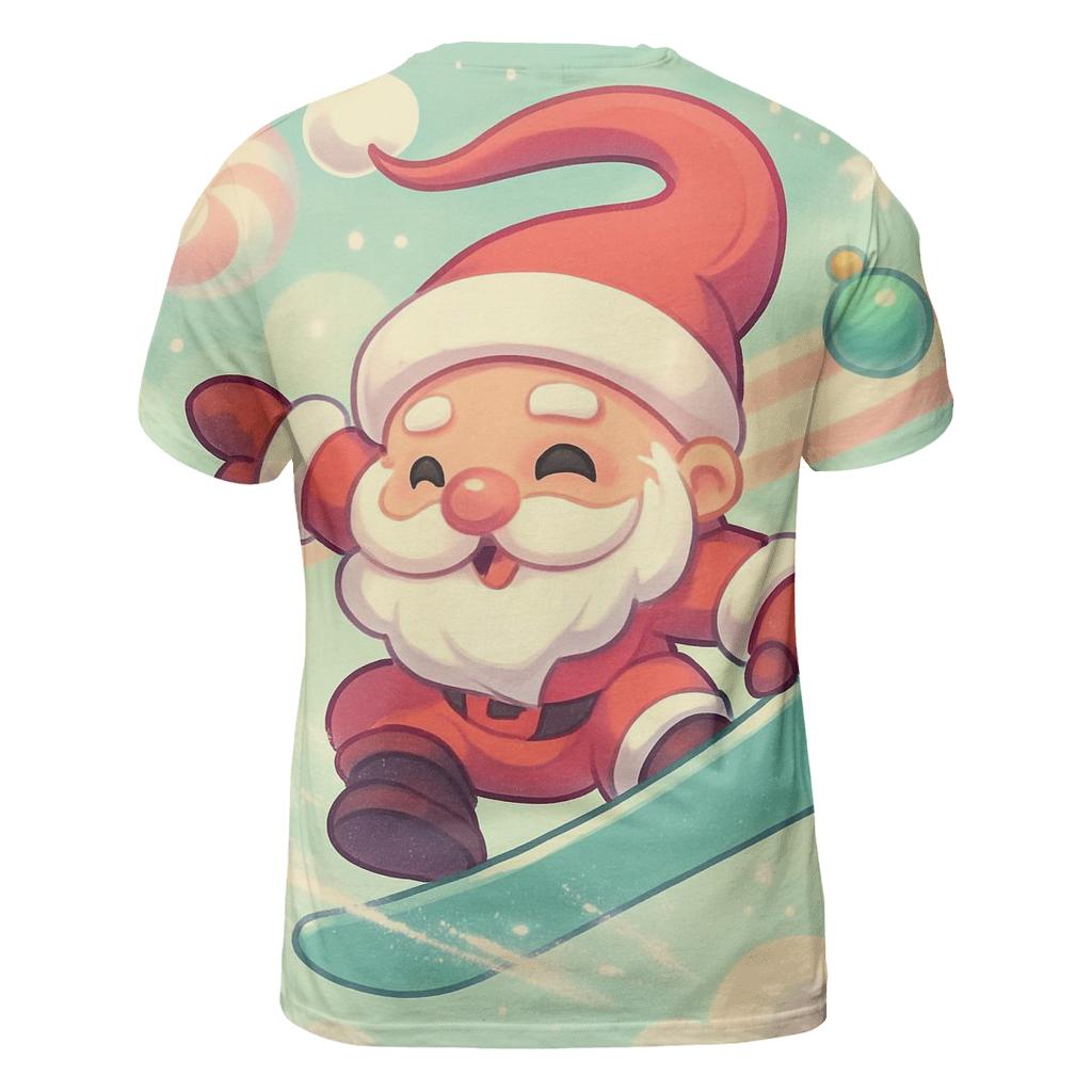 Chibi Santa Snowboard Trick Through Peppermint Clouds artistic all-over print tops