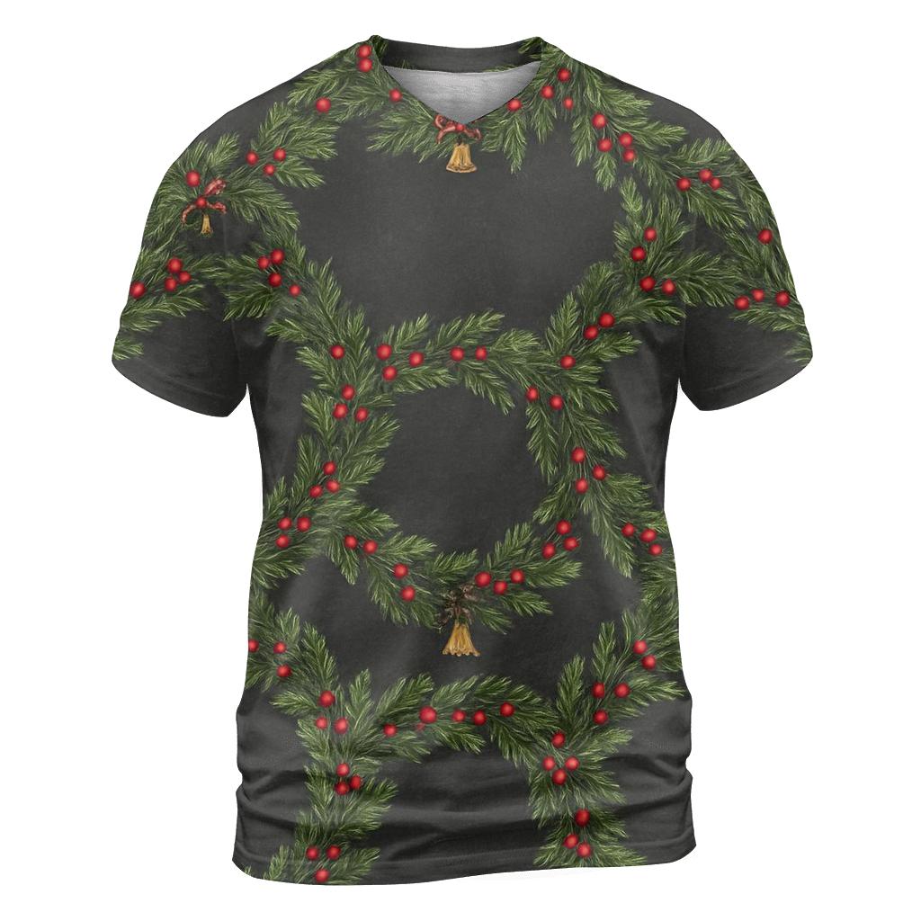 Evergreen Wreath Ring Repeat On Charcoal Background vibrant all-over design tees