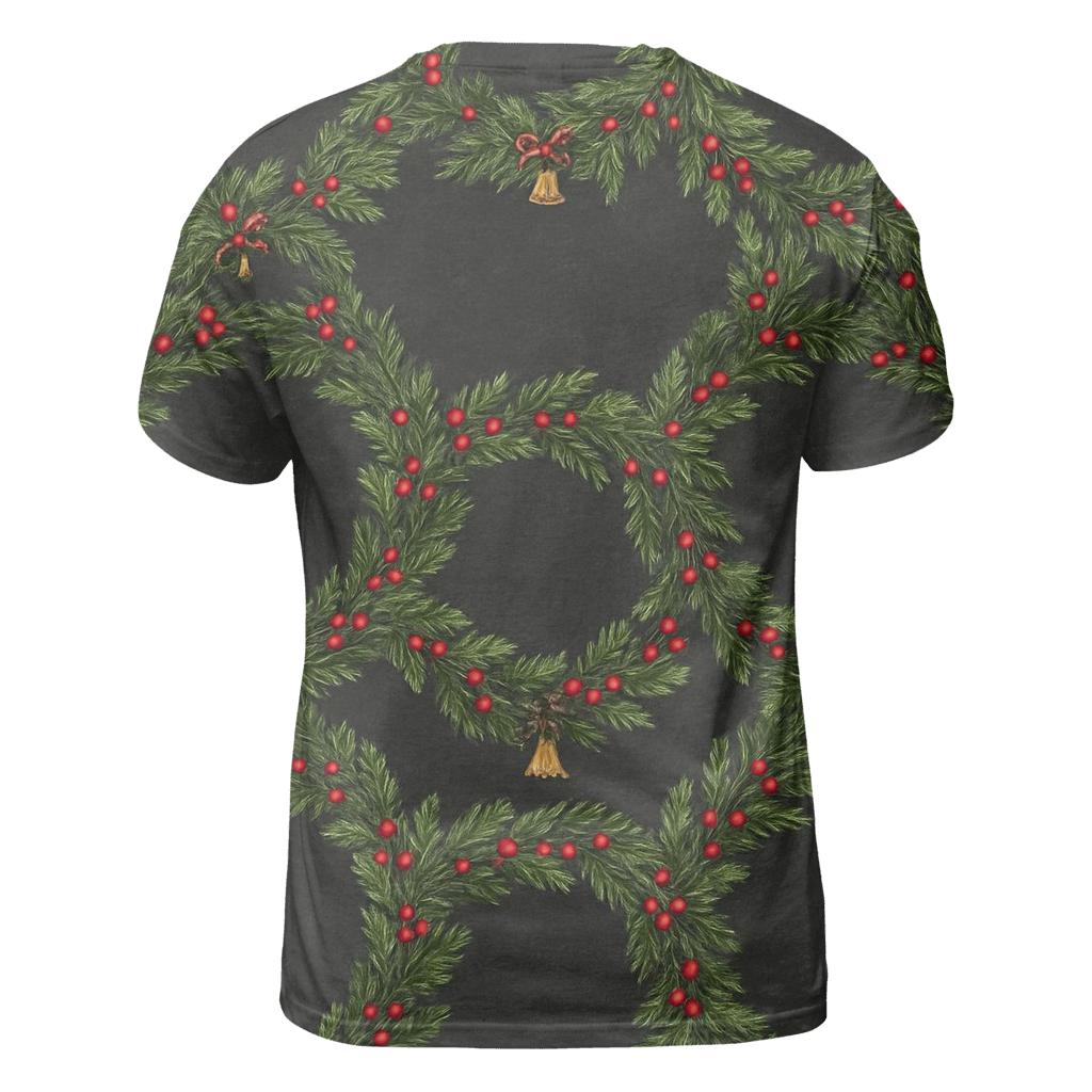 Evergreen Wreath Ring Repeat On Charcoal Background vibrant all-over design tees