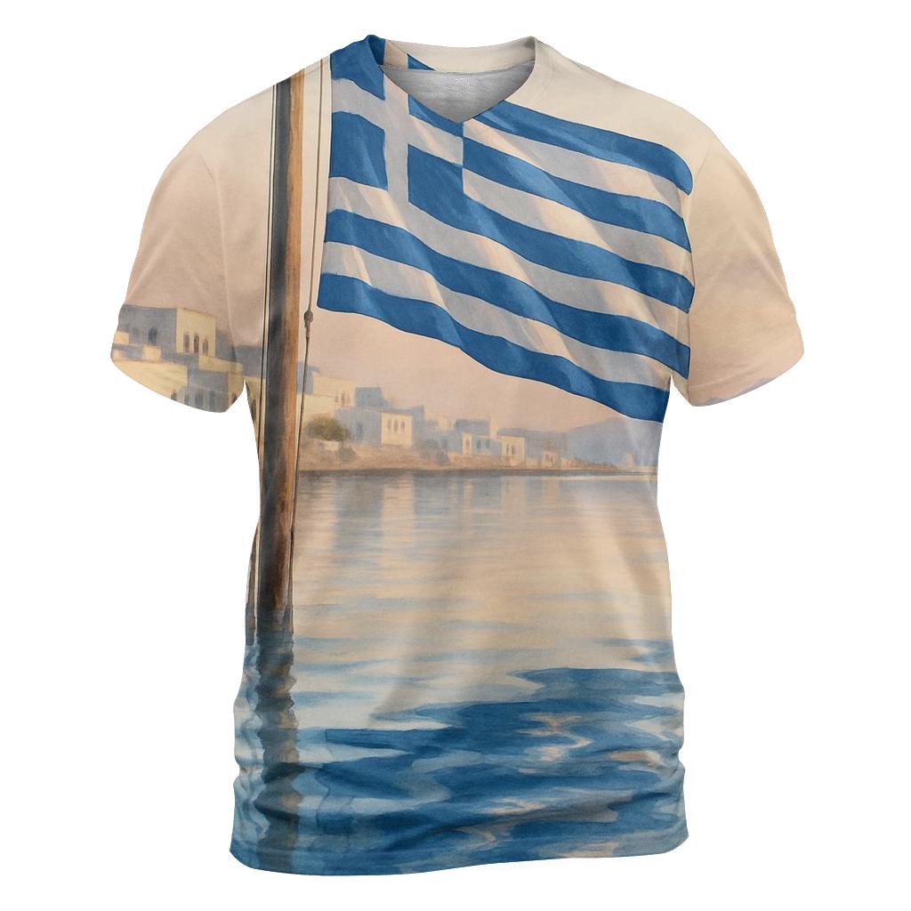 Flag Of Greece Reflected In Aegean Harbor Water statement graphic shirts