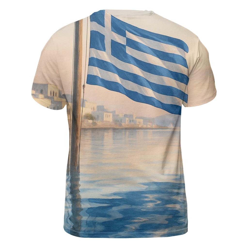 Flag Of Greece Reflected In Aegean Harbor Water statement graphic shirts