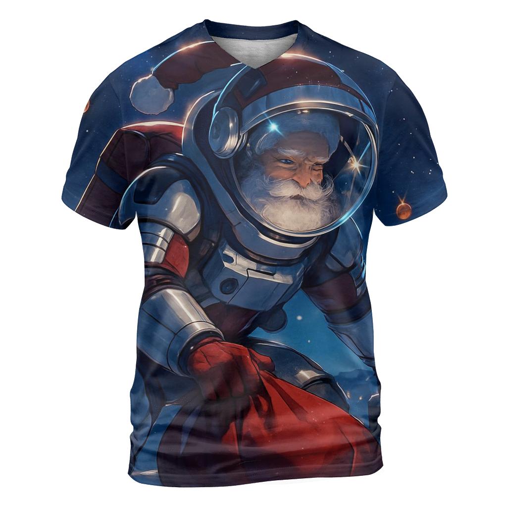 Santa Astronaut Delivering Gifts On A Starry Rooftop trendy printed shirt styles