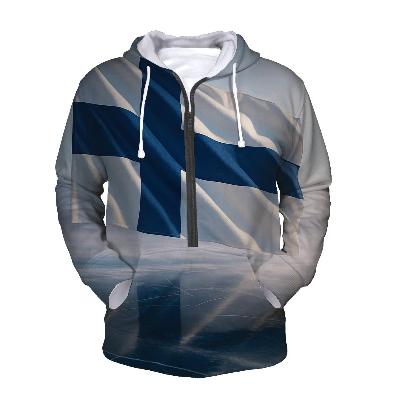 Aurora Fabric Flag Of Finland Over Frozen Lake lightweight hoodies