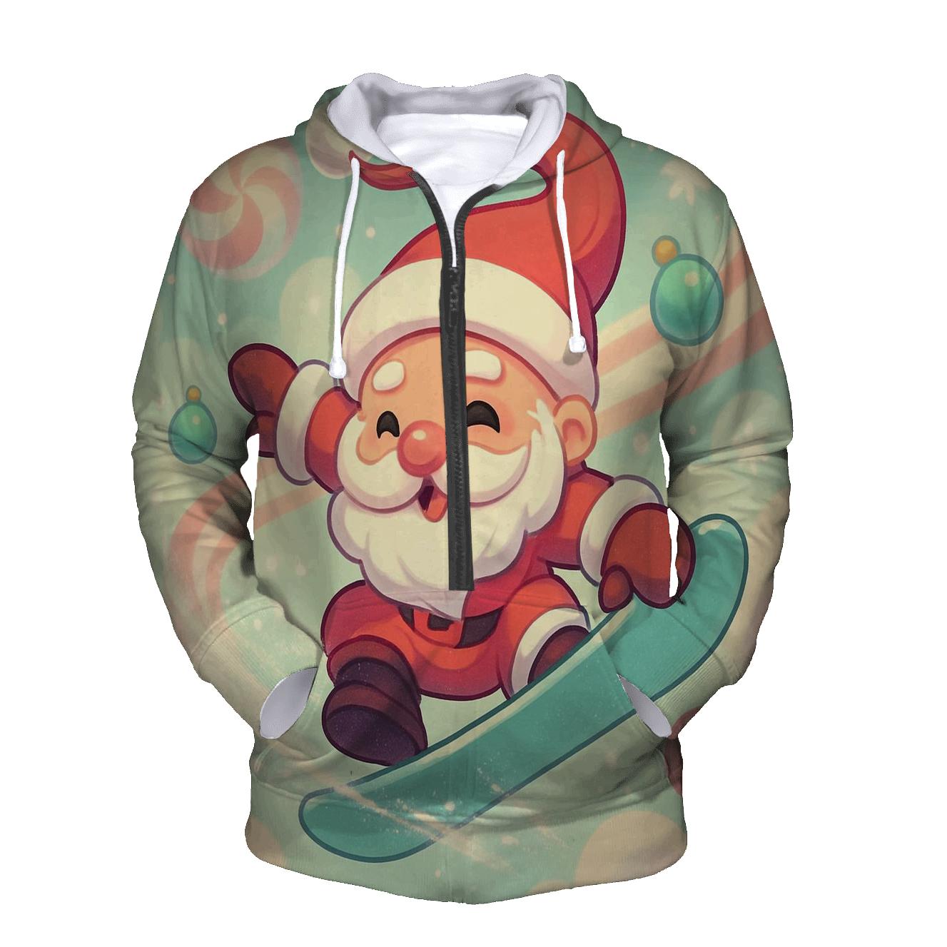 Chibi Santa Snowboard Trick Through Peppermint Clouds embroidered hoodies