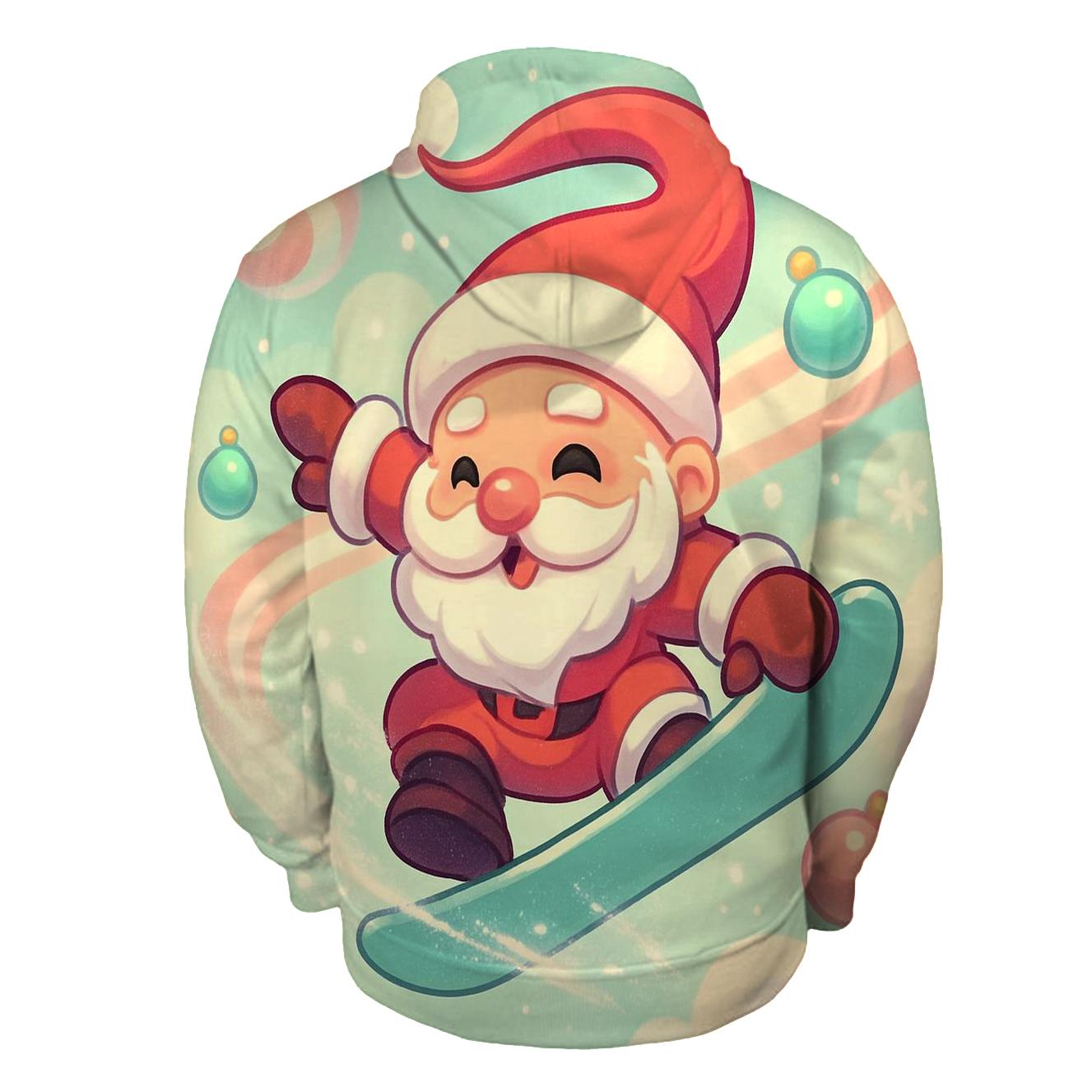 Chibi Santa Snowboard Trick Through Peppermint Clouds embroidered hoodies