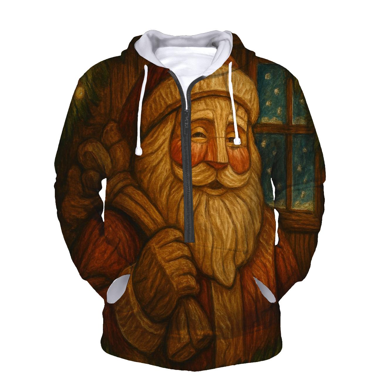 Vintage Wood Carved Santa Under Golden Garland Glow hoodies fashion