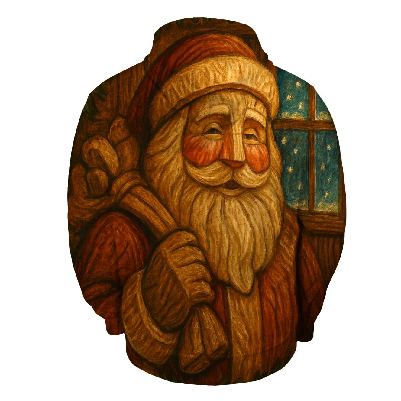 Vintage Wood Carved Santa Under Golden Garland Glow hoodies fashion
