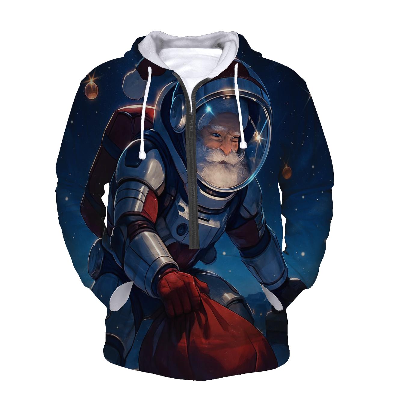 Santa Astronaut Delivering Gifts On A Starry Rooftop graphic hoodies
