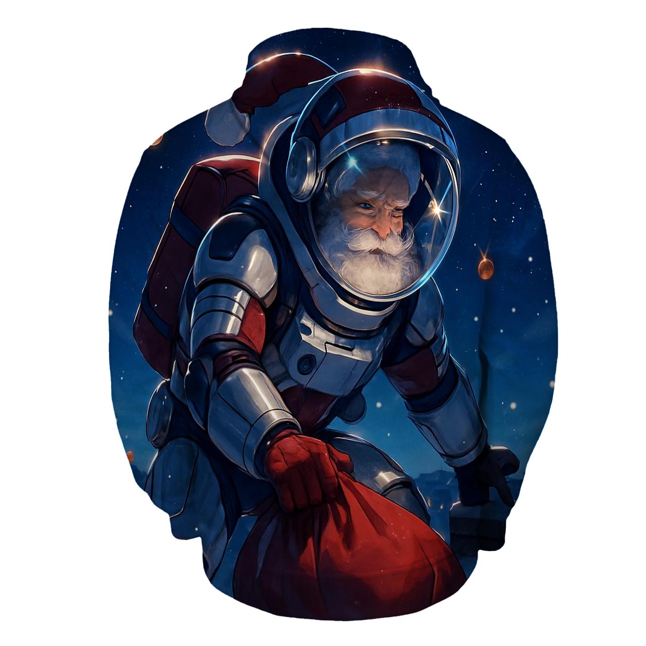 Santa Astronaut Delivering Gifts On A Starry Rooftop graphic hoodies